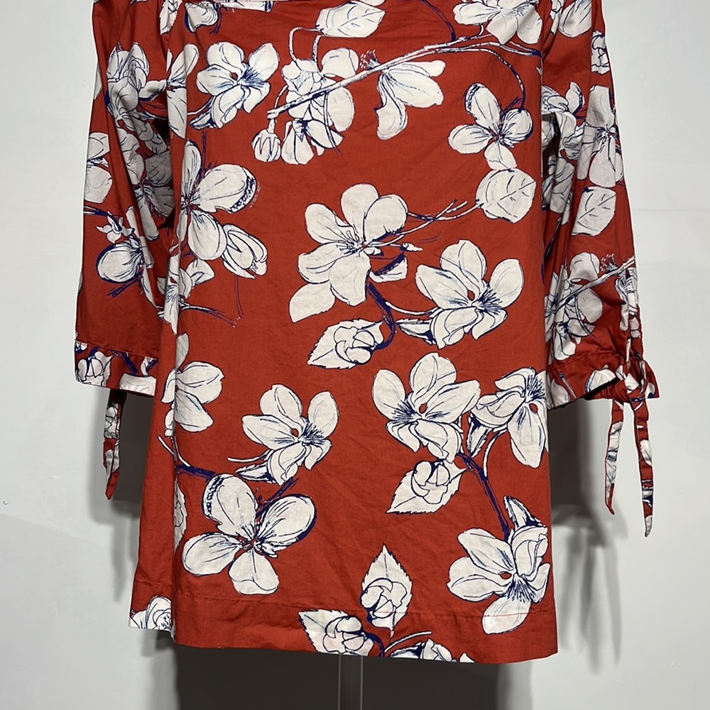 LOFT Outlet Burnt Orange Floral 3/4 Length Tie Sleeves Off-The Shoulder Blouse M - Picture 3 of 11